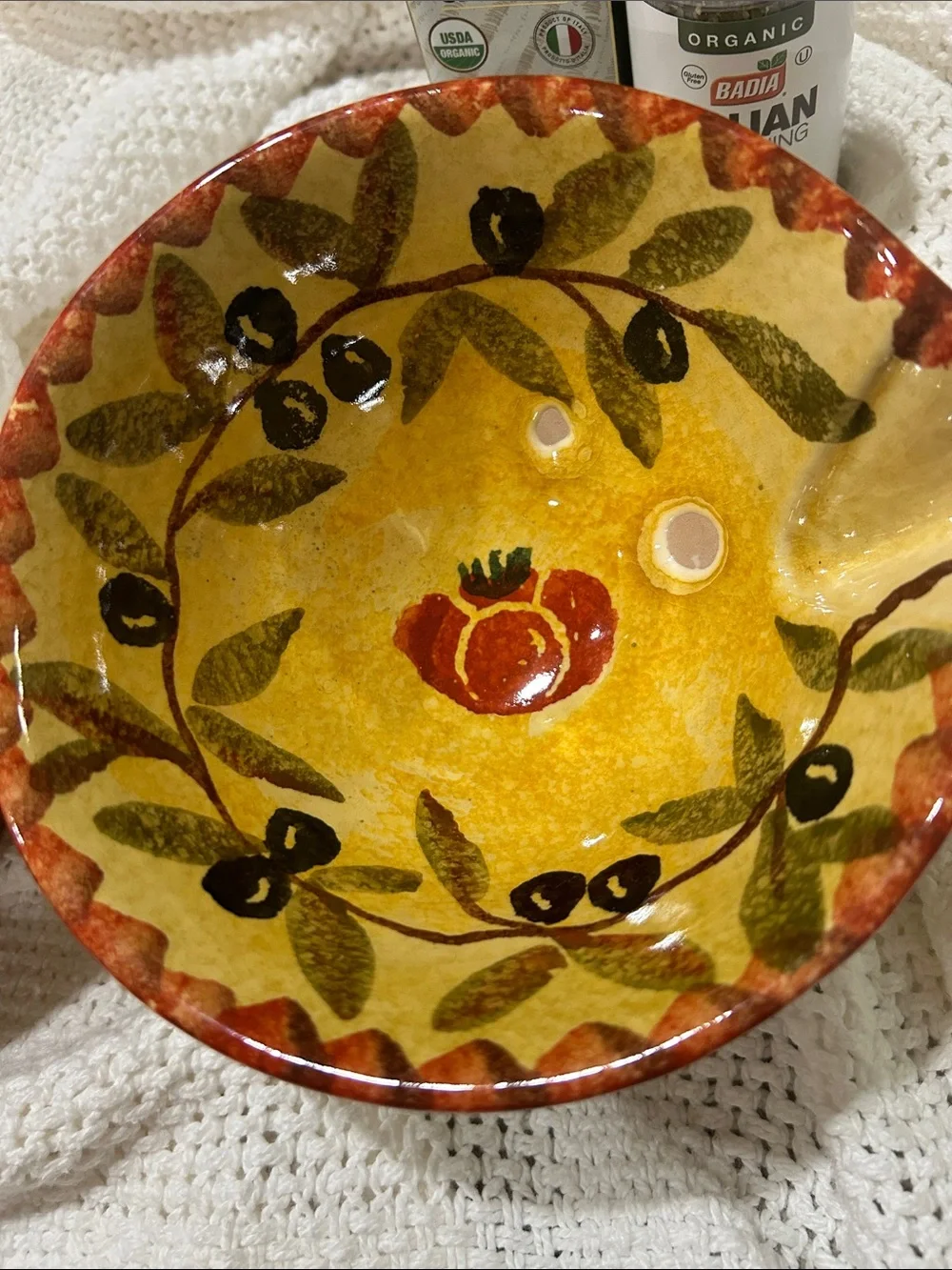 Italian Ceramic Dish with Pour Spout Handpainted in Italy Tomato and Olive